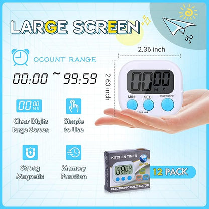 Mwellewm 12Pcs Digital Timers for Classroom Kitchen Timers for Cooking Small Magnetic Stopwatch Mini Countdown Timer Loud Alarm Stop for Study Work Baking Sports Games Office Timer Clock (White)