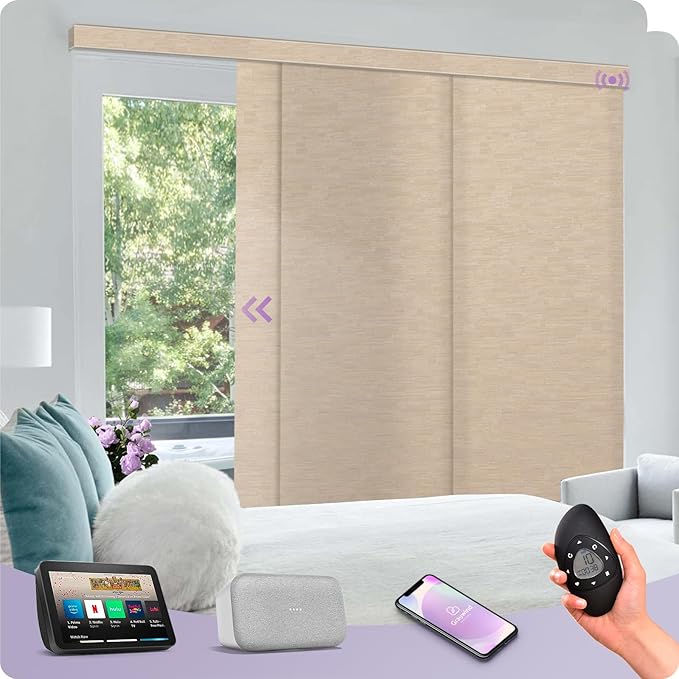 Graywind Rechargeable Smart Sliding Panels Compatible with Alexa Google Motorized Panel Track Blinds Remote Control for Patio Sliding Door Closet Door Width Up to 177" Custom Size (Jacquard Coffee)