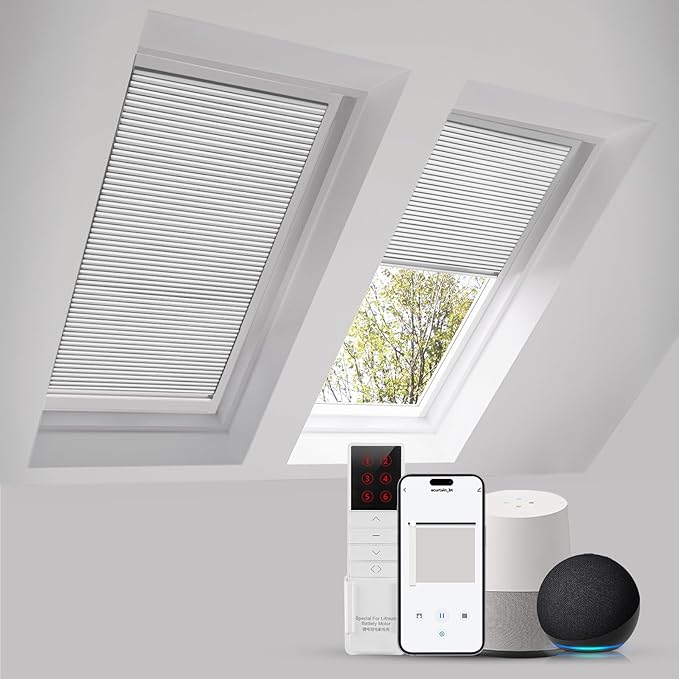 ZSTARR Motorized Skylight Shades Blackout Cellular Honeycomb Electric Blinds with Solar Panel Cordless Rechargeable with Remote for Roof and Slanted Windows Custom Size (Black Out White)