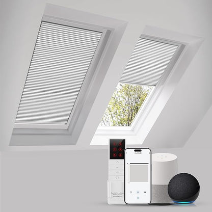ZSTARR Motorized Skylight Shades Blackout Cellular Honeycomb Electric Blinds with Solar Panel Cordless Rechargeable with Remote for Roof and Slanted Windows Custom Size (Black Out White)