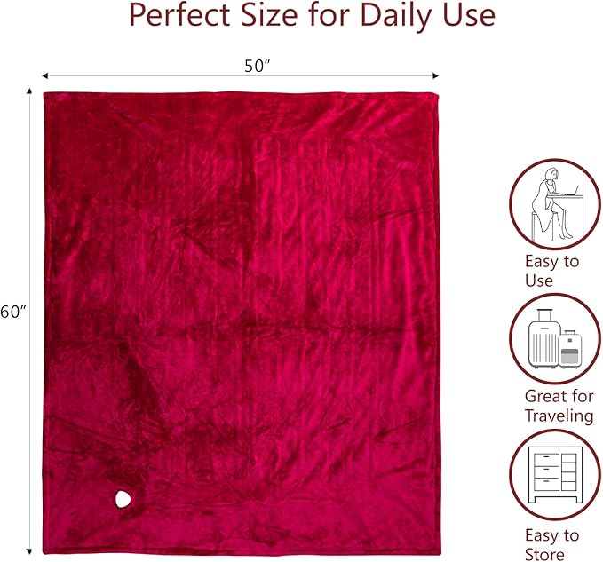 Tefici Electric Heated Blanket Throw, Super Cozy Soft 2-Layer Flannel 50" x 60" Heated Throw with 3 Heating Levels & 4 Hours Auto Off, Machine Washable, ETL&FCC Certified, Home Office Use, Red