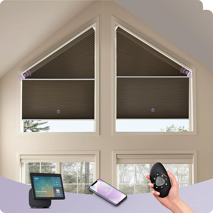 Graywind Smart Angled Blinds Compatible with Alexa Google Motorized Right Trapezoid Shades Solar Powered Customized for Odd-Shaped Window (Blackout Brown)