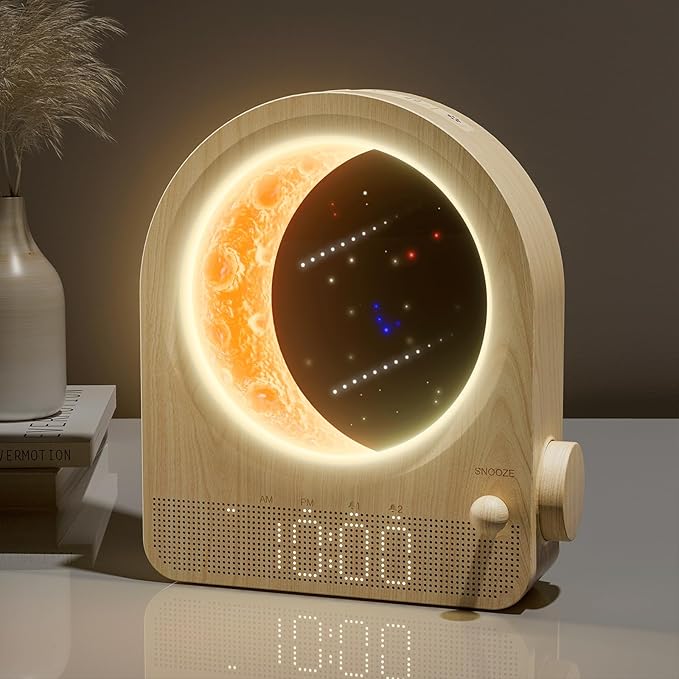 Sunrise Alarm Clocks for Bedrooms, Stepless Dimmable Moon Lamp Dual Alarm Clock with 12Levels Volume for Heavy Sleepers, 10 Natural Sounds with 30/60/90mins Timer, Gifts for Women