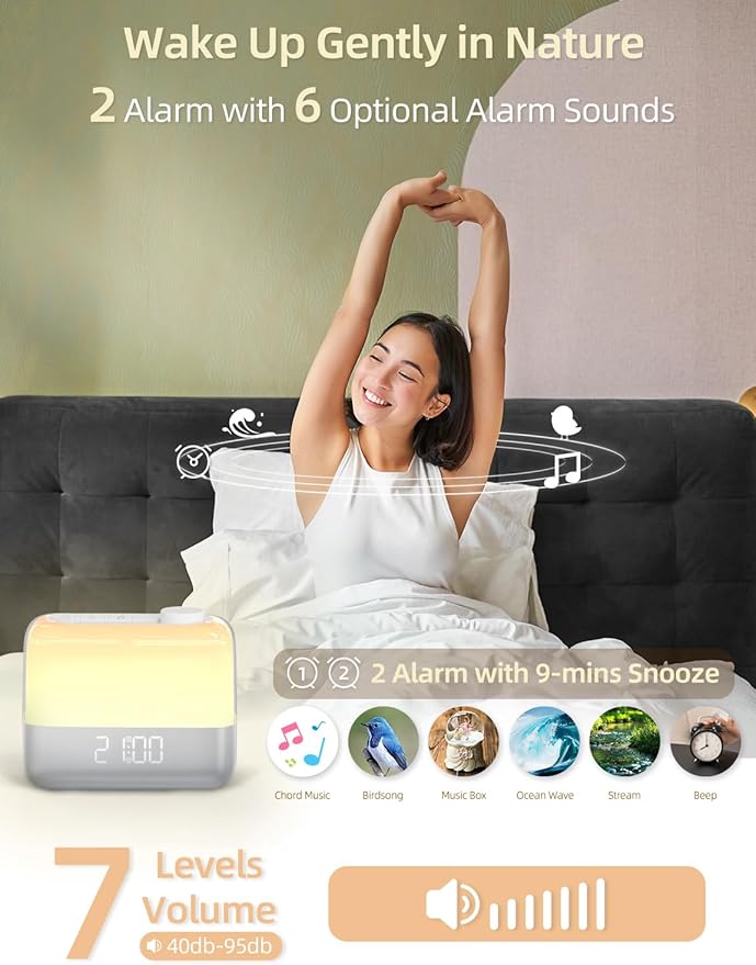 Sunrise Digital Alarm Clock for Bedroom: Wake-up Light, RGB Ambient Night Light, 9-Mins Snooze, 6 Natural Sounds, 7 Volume, Rechargeable Battery, Dual Loud Alarms for Heavy Sleepers (Silver)