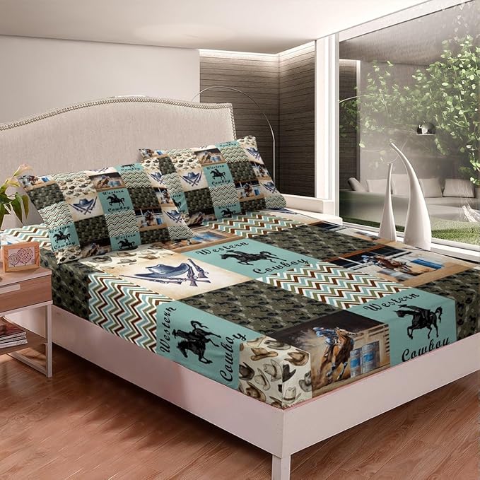 Western Cowboy Fitted Sheet Full Size 3 Pcs,Retro Tribal Cowboy Hats Boots Horseshoe Collections(No Flat Sheet),Rustic Farm Green Brown Plaids Patchwork Bedding Deep Pocket for Kids