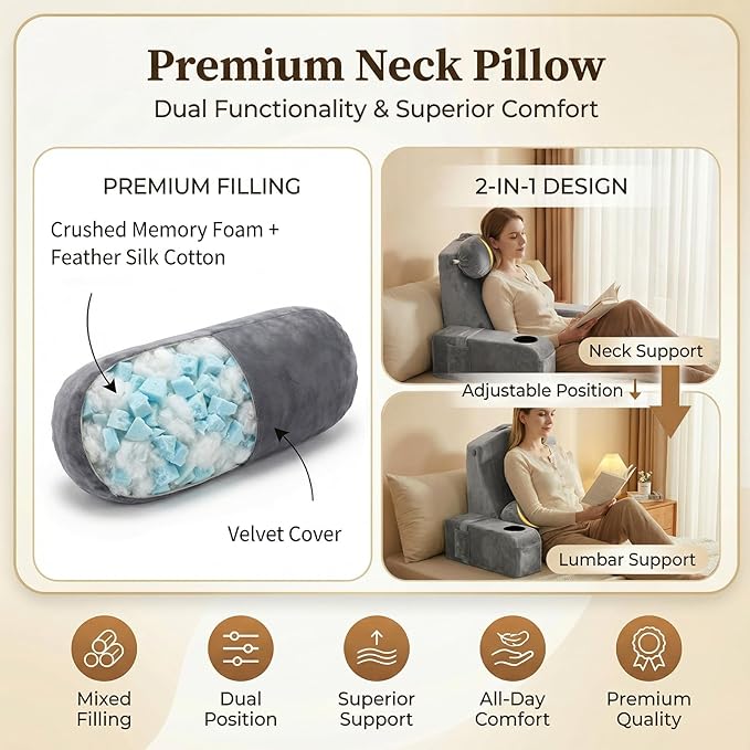 AS AWESLING 21 INCH Reading Pillow for Adults, Back Pillow for Bed Sitting Up, Backrest Pillow for Sitting in Bed, Detachable Arms with Built-in Cup & Phone Caddy (Gray, 21 INCH)