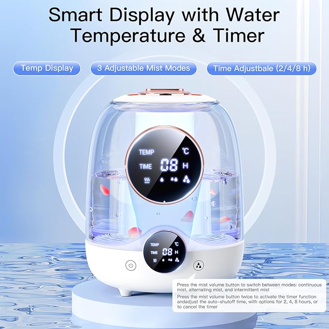 Humidifiers for Bedroom, 3L Tank for 30H 20dB Quiet Mist Time, Dual Nozzles, LED Lights, Smart Timer (2/4/8 Hours), Auto Shut-Off, Perfect for Baby and Large Rooms (White)