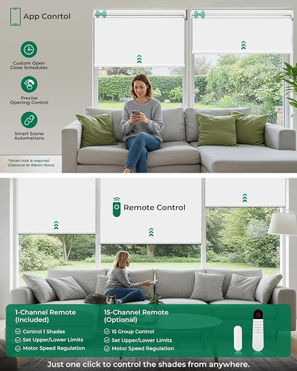 Allesin Motorized Roller Blinds with Remote Control for Windows, Blackout Automatic Smart Shades,Dry Battery Powered Electric Blind (White 52" W x 72" H)