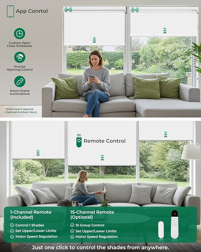 Allesin Motorized Roller Blinds with Remote Control for Windows, Blackout Automatic Smart Shades,Dry Battery Powered Electric Blind (White 27" W x 72" H)