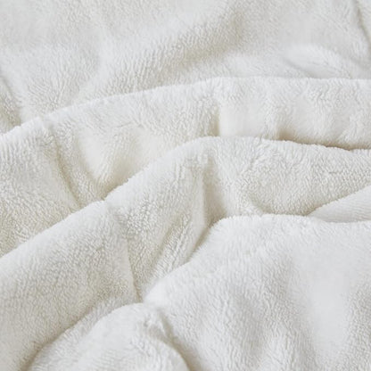 Madison Park Queen Cozy Blanket HeiQ Smart Temperature Plush to Microfiber Reverse Box Quilting, Reversible, Soft All Season, Lightweight Summer Cover, for Bed, Couch and Sofa, Full/Queen, Ivory