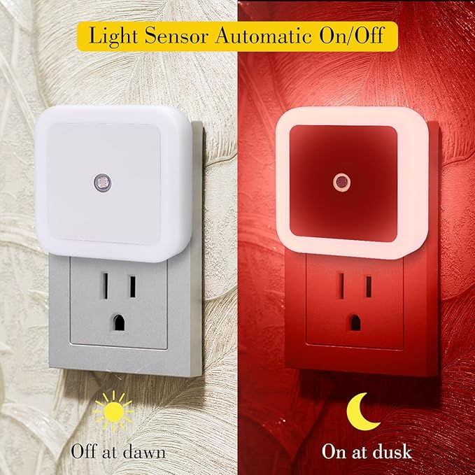 KINUR 6 Pack Red Night Light, LED Night Lights Plug into Wall with Dusk to Dawn sensors, Plug in Night Lights for Kids Room, Bedroom, Bathroom, Baby Nursery,Stair Lights, Hallway Light, Daylight