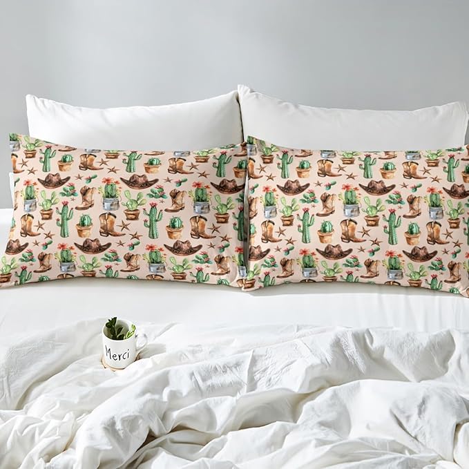Western Cowboy Full Size Fitted Sheet,American Tribal Boots Hats Retro Texas Star 3 Pieces Kids Teenager Room Decor Natural Desert Cactus Rustic Brown Pocket 2 Pillowcases