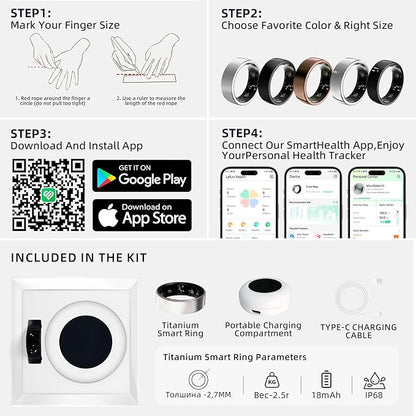 Smart Ring Titanium Fitness Sleep Tracker Health Monitoring Blood Pressure Blood Oxygen for iPhone and Android 7 Days Batterty Life (Silver, 10) Full Charge First Use