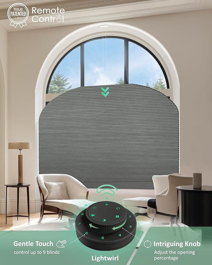 Yoolax Smart Cellular Shades, Motorized Elongated Arch Honeycomb Blinds Motorized Blinds with Remote Compatible with Alexa, Customized Elongated Arch Cellular Shades (Blackout Dark Grey)