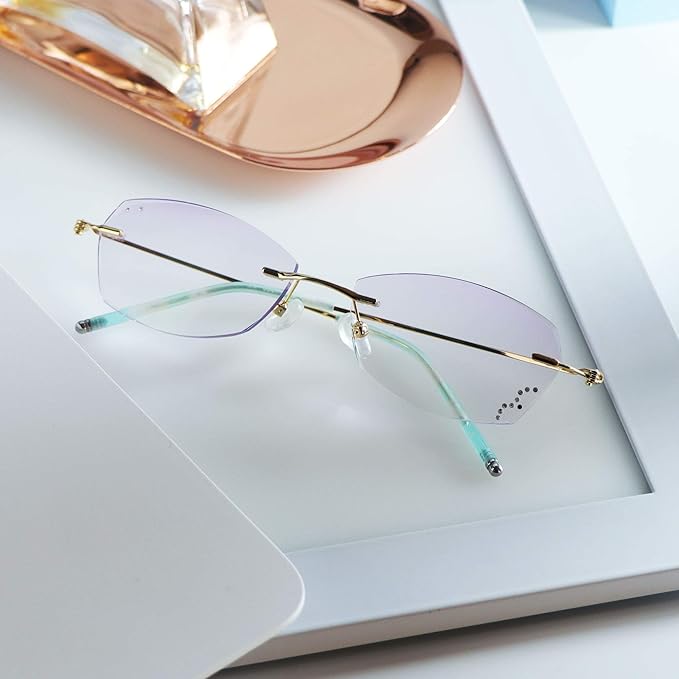 LifeArt Blue Light Blocking Glasses,Computer Reading Glasses,Rimless Frame Tinted Lens with Diamond,Stylish for Women (No Magnification)