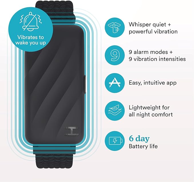 Homedics WakeBand Silent Vibrating Alarm Wristband, Ultra-Light Comfortable Design, 9 Vibration Patterns & 9 Intensities, Up to 6-Day Battery, iOS/Android App, Black