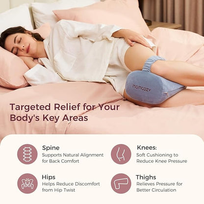 Momcozy Knee Pillow for Side Sleepers, Soft Memory Foam & Pinch-Free Design, Relieve Knee, Leg and Sciatica Pain, Adjustable Elastic Strap Ideal for Pregnant Women and Seniors, Crystal Velvet in Gray