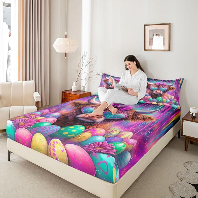Highland Cow Bed Sheet Queen Size Happy Easter Eggs Cartoon Bedding Set Funny Animal Farmhouse Fitted Sheet Kids Boys Girls Room Decor Purple Colorful Soft Sheets with 2 Pillowcase,No Top Flat
