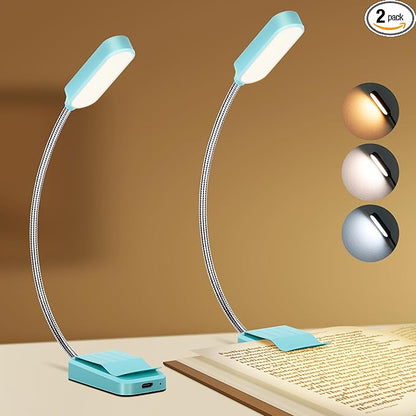 Book Light 2 Pack, Rechargeable Reading Lights for Books in Bed-Eye Caring 3 Colors, Stepless Dimming, 360° Flexible Studying Small Desk Lamp, Lightweight Clip-on LED Night Light for Book Lovers, Kids