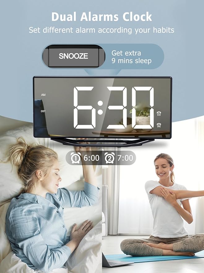 8.7” Mirror Digital Alarm Clock for Bedroom, LED Digital Clock Large Display with Battery Backup, 2 USB Charger Ports, Dual Alarms, 8 Dimmer & 7 Volume, Aesthetic Slim Clock for Desk Modern Decoration