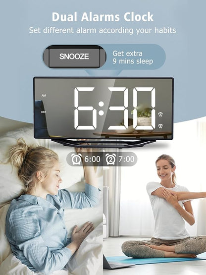8.7” Mirror Digital Alarm Clock for Bedroom, LED Digital Clock Large Display with Battery Backup, 2 USB Charger Ports, Dual Alarms, 8 Dimmer & 7 Volume, Aesthetic Slim Clock for Desk Modern Decoration