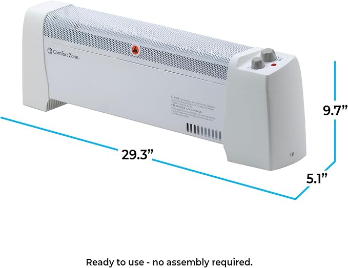 Comfort Zone 1500W Convection Baseboard Heater with Built-In Thermostat, Overheat & Tip-Over Protection, Dent-Proof Ends, Plug-In Portable, Ideal for Home, Bedroom & Office, White