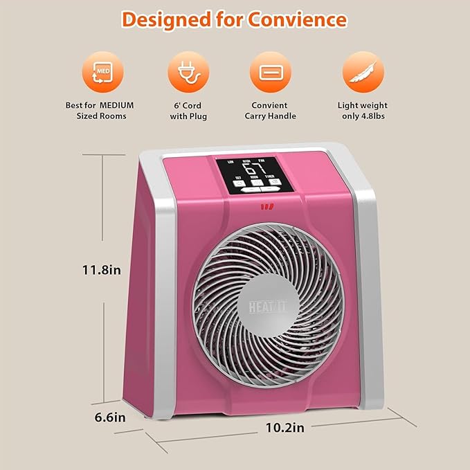 HEATIT Space Heater for Indoor, Digital Display with Thermostat, 1-12H Timer, Fan Mode,1500W/750W, Electric Space Heater for Office, Bedroom,Pink,10.6"Dx7.0"W x 11.8"H