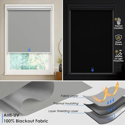 Motorized Roller Blinds with Remote Control & Solar Panel - 100% Blackout Smart Blinds, Automatic, Cordless, Electric Shades - Compatible with Alexa - Grey, 34¼" W x 72" H