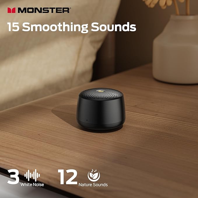 Monster Nano S36 Portable White Noise Machine with 15 Non-Looping Sleep Sounds, Bluetooth 6.0, Mini, Rechargeable Battery, Timer & Memory Function for Baby, Adult, Travel, Office