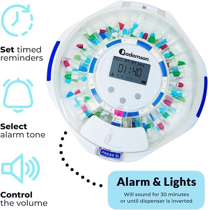 Adamson TimelyMed Smart Pill Dispenser with Alarm - WiFi App Monitoring - 28-Day Medicine Dispenser for Elderly & Alzheimer's Care - Automatic with Lock Key - New Version