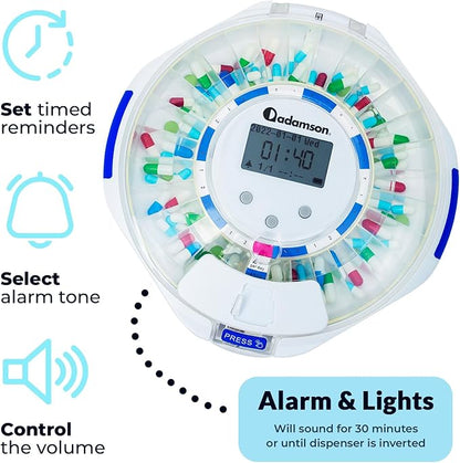 Adamson TimelyMed Smart Pill Dispenser with Alarm - WiFi App Monitoring - 28-Day Medicine Dispenser for Elderly & Alzheimer's Care - Automatic with Lock Key - New Version
