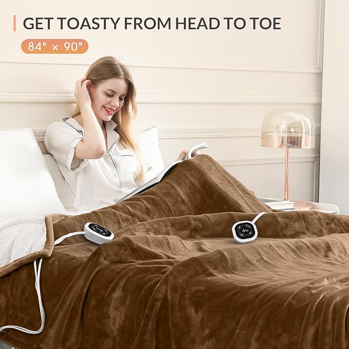 HOMLYNS LuxeHeat Heated Blanket Electric Blanket Queen Size, Soft Flannel Sherpa Heating Blanket with 10 Heat Settings, 1-10 hrs Timer Auto Shut Off (84x90 inches, Coffee)