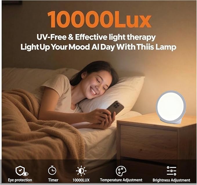 Light Therapy Lamp UV-Free, Full Spectrum 10000 Lux Bright White Light with Adjustable Brightness, Color Countdown Timer