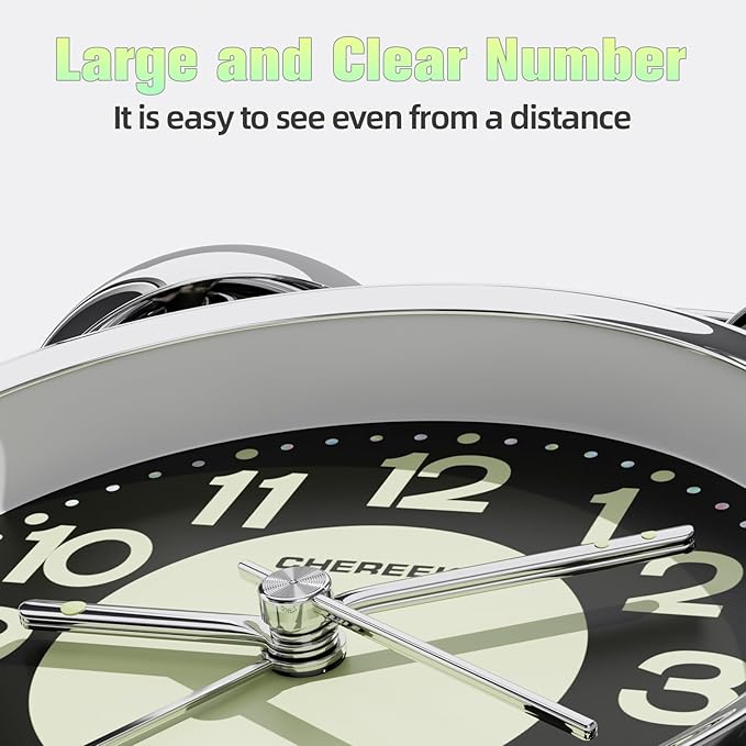 CHEREEKI Loud Alarm Clock for Heavy Sleepers Adults, Silent Non Ticking Analog Clock with Backlight, Luminous Dial, Battery Operated Alarm Clock for Bedroom, Included Battery, Silver