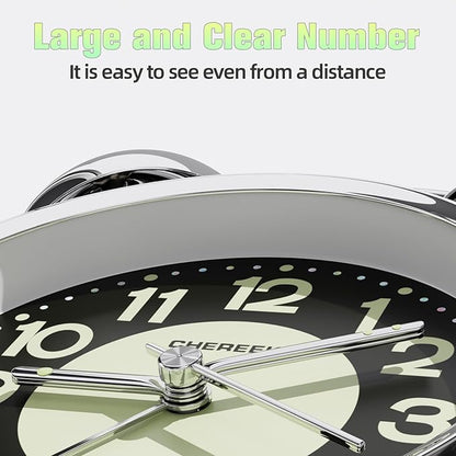 CHEREEKI Loud Alarm Clock for Heavy Sleepers Adults, Silent Non Ticking Analog Clock with Backlight, Luminous Dial, Battery Operated Alarm Clock for Bedroom, Included Battery, Silver