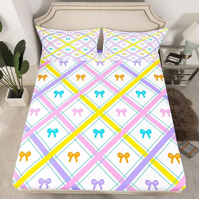 Cartoon Bowknot Fitted Sheet,Full Size Pink Purple Yellow Lines Striped Plaids Patchwork Collections,Kawaii Princess Bow-tie Bedding Deep Pocket for Children Teens Young with 2 Pillowcases