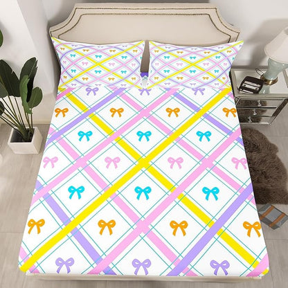 Cartoon Bowknot Fitted Sheet,Full Size Pink Purple Yellow Lines Striped Plaids Patchwork Collections,Kawaii Princess Bow-tie Bedding Deep Pocket for Children Teens Young with 2 Pillowcases