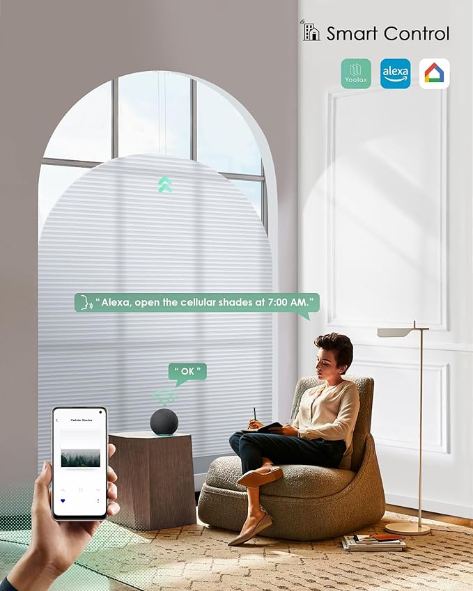 Yoolax Smart Cellular Shades, Motorized Elongated Arch Honeycomb Blind Motorized Blinds with Remote Compatible with Alexa, Customized Elongated Arch Cellular Shades (Half Shading White)