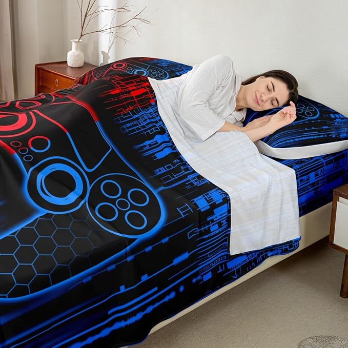 Gamer Gamepad Kids Sheet Queen Size,Video Gaming Controller Bedding Set,Boys Girls Room Decor,Geometric Honeycomb Hexagon Neon Fashion Red Blue Bed Sheet Set 4pcs(Fitted + Flat + 2 Pillowcases)