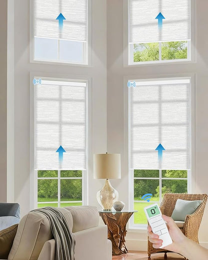 Motorized Light Filtering Roller Shades with Remote Control, Smart Blinds for Windows Compatible with Alexa Google via Hub, Rechargeable Electric Window Shade Customized Size(Texture White)