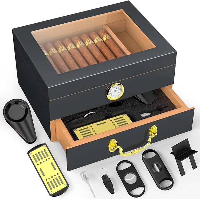Cigar Humidor Box - Spanish Cedar Small Table Top Humidors for 20-50 Cigars with Accessories and Humidifier - Storage Drawer - Modern Desktop Cigar Holder for Men - Portable Travel Case Dark Gray