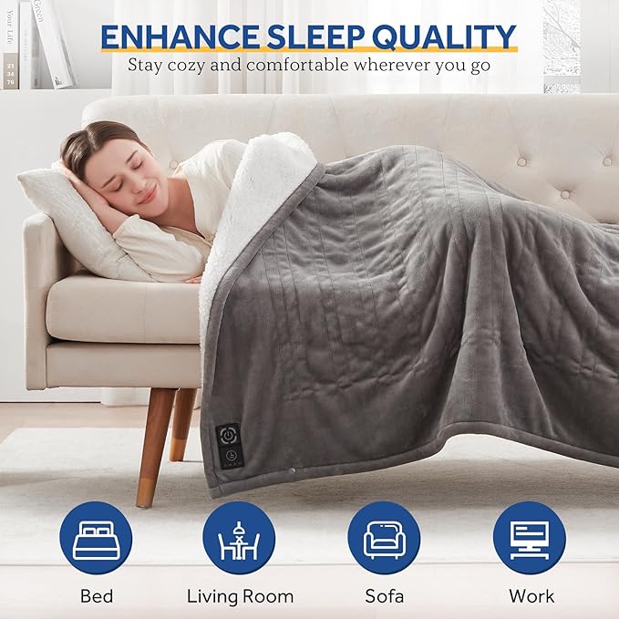 Sealy Heated Blanket Throw with Built-in Button Controller, Reversible Flannel to Sherpa Electric Blanket with 2-10 Hours Auto-Off & 4 Heating Levels, Over-Heat Protection, 50x60 inch, Light Grey