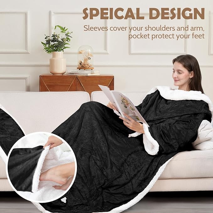 Wearable Heated Blanket with Foot Pocket, 52"x72" Electric Blanket with Sleeves for 12 Hours Timer, 6 Heat Settings, Flannel & Sherpa, Black