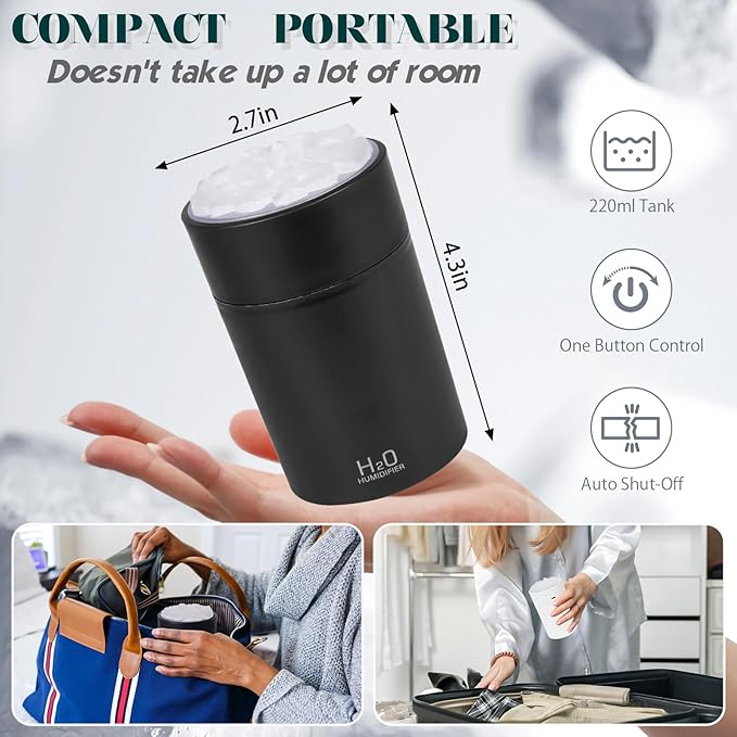 Portable Mist Humidifier Auto Shut-Off USB Powered 220ml Small Desktop Humidifiers with Colorful Light 2 Cool Spray Modes for Bedroom Office Car (Black)