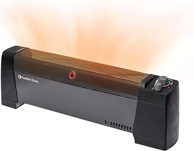 Comfort Zone 1500W Convection Baseboard Heater – Silent Portable Electric Space Heater with Adjustable Thermostat, 2 Heat Settings & Safety Tip-Over Switch – Black