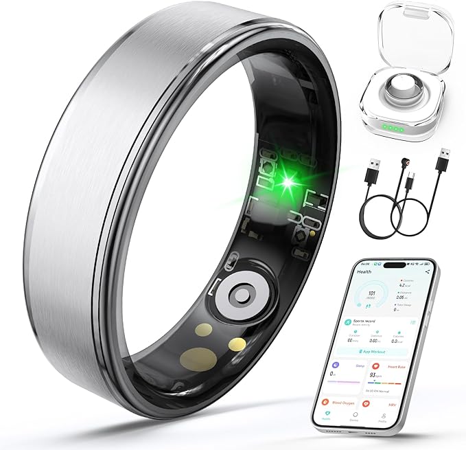 Smart Ring for Women Men, Health Fitness Tracker Ring with Heart Rate/Sleep Tracker/Blood Oxygen/HRV/Stress/Calorie/Steps, IP68 Waterproof for iOS & Android, No APP Fees(Silver,8#)