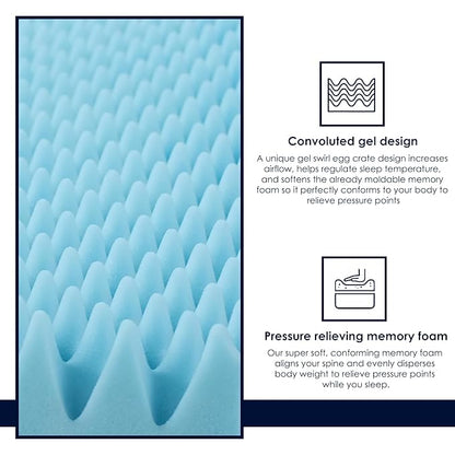 Greaton, 2-Inch Premium Convoluted Gel Memory Foam Toppers for Enhanced Comfort and Support, Full, Blue