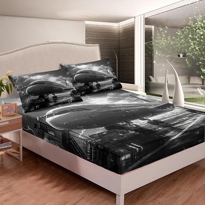 Airplane Fitted Sheet Set Full Size 4 Pcs,Aviation Plane Aircraft Modern Teens Sheets,3D Print Lightning Sky Print Gray Bedding Sets (1 Fitted,1 Flat,2 Pillowcases)