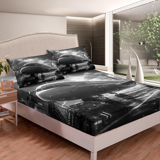 Manfei Airplane Bed Sheet Set Twin Size,Aviation Plane Aircraft Modern Sheet Set,3D Print Lightning Sky Print Gray Bedding Decor Set with 1 Flat & 1 Fitted Sheet with 1 Pillow Sham
