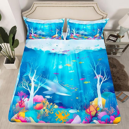 Ocean Boys Girls Bed Sheets,Marine Organism Shark Room Decor,Underwater World Sealife Kids Twin Size Fitted Sheet,Blue Bedding Set,1 Pillowcase(No Flat)
